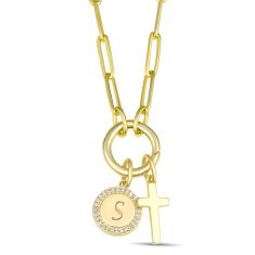 Personalized 1/15ctw Diamond Round Disc and Cross Paperclip Chain Necklace Personalized 1/15ctw Diamond Round Disc and Cross Paperclip Chain Necklace