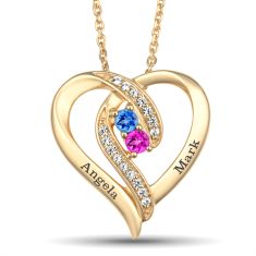 Personalized Gemstone and 1/15ctw Lab Grown Diamond or Created White Sapphire Couple's Heart Necklace 1