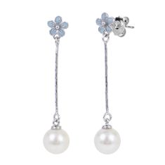 6-6.5mm Fresh Water Cultured Pearl and Blue Enamel Flower Sterling Silver Drop Earrings