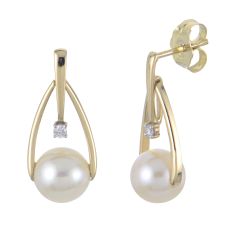6-6.5mm Freshwater Cultured Pearl and Diamond Accent Yellow Gold Drop Earrings