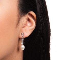 7-8mm Freshwater Cultured Pearl and Created White Sapphire Sterling Silver Drop Earrings