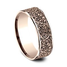 14k Rose Gold 7.5mm Arabesque Pattern Comfort Fit Wedding Band