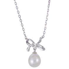 7-8mm Freshwater Cultured Pearl and Created White Sapphire Sterling Silver Bow Necklace