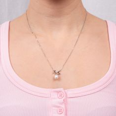 7-8mm Freshwater Cultured Pearl and Created White Sapphire Sterling Silver Bow Necklace