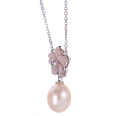Pink Mother-of-Pearl, Freshwater Cultured Pearl, and Created White Sapphire Sterling Silver Flower Necklace