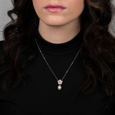 Pink Mother-of-Pearl, Freshwater Cultured Pearl, and Created White Sapphire Sterling Silver Flower Necklace