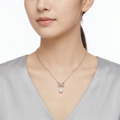 7-8mm Freshwater Cultured Pearl and Created White Sapphire Sterling Silver Bow Necklace