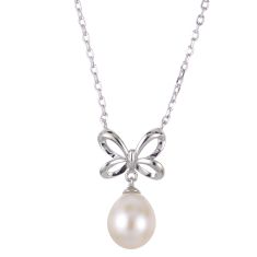 7-8mm Freshwater Cultured Pearl and Created White Sapphire Sterling Silver Bow Necklace 1