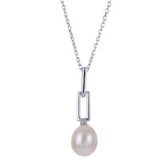 7-8mm Freshwater Cultured Pearl Sterling Silver Paperclip Pendant Necklace 1
