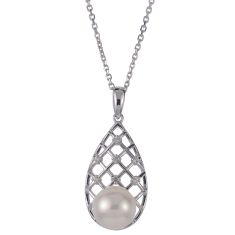 8-9mm Freshwater Cultured Pearl and Created White Sapphire Sterling Silver Teardrop Pendant Necklace 1