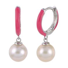 7-7.5mm Fresh Water Cultured Pearl and Hot Pink Enamel Sterling Silver Hoop Earrings