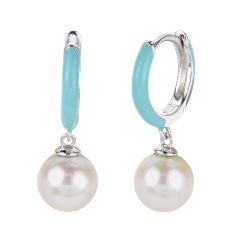 7-7.5mm Fresh Water Cultured Pearl and Teal Enamel Sterling Silver Hoop Earrings