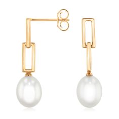 7-8mm Freshwater Cultured Pearl and Paperclip Chain Yellow Gold Drop Earrings