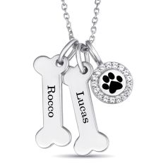 Personalized 1/10ctw Lab Grown Diamond or Created White Sapphire Dog Bones and Disc Paw Pendant Necklace Personalized 1/10ctw Lab Grown Diamond or Created White Sapphire Dog Bones and Disc Paw Pendant Necklace