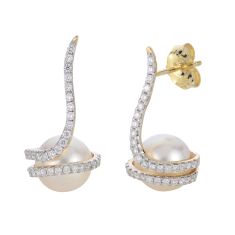 7.5-8mm Akoya Cultured Pearl and 1/3ctw Diamond Yellow Gold Drop Earrings