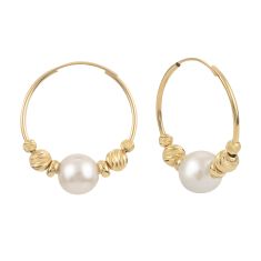 7.5-8mm Fresh Water Cultured Pearl Bead Yellow Gold Hoop Earrings