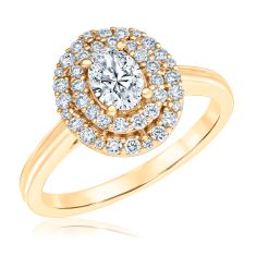 7/8ctw Oval Diamond Double Halo Yellow Gold Engagement Ring