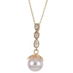 8-8.5mm Akoya Cultured Pearl and 1/15ctw Diamond Yellow Gold Drop Pendant Necklace