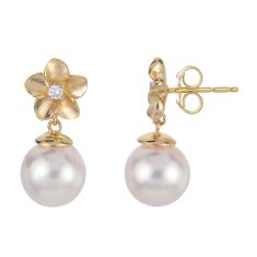 8-8.5mm Akoya Cultured Pearl and 1/20ctw Diamond Yellow Gold Flower Drop Earrings