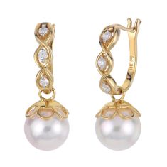8-8.5mm Akoya Cultured Pearl and 1/8ctw Diamond Yellow Gold Hoop Drop Earrings