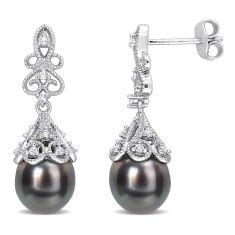 8-8.5mm Black Tahitian Cultured Pearl and White Topaz Sterling Silver Drop Earrings