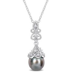 8-8.5mm Black Tahitian Cultured Pearl and White Topaz Sterling Silver Drop Pendant Necklace