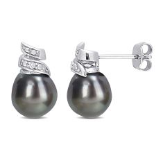 8-9mm Black Tahitian Cultured Pearl and 1/16ctw Diamond Accent Swirl Sterling Silver Stud Earrings