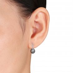 8-9mm Black Tahitian Cultured Pearl and White Topaz Sterling Silver Drop Earrings