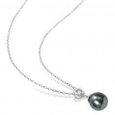 8-9mm Black Tahitian Cultured Pearl and White Topaz Sterling Silver Drop Pendant Necklace