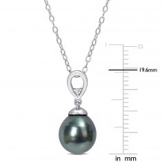 8-9mm Black Tahitian Cultured Pearl and White Topaz Sterling Silver Drop Pendant Necklace