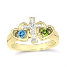Personalized Gemstone and Diamond Accent Cross Couple's Hearts Ring Personalized Gemstone and Diamond Accent Cross Couple's Hearts Ring