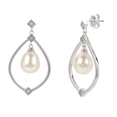 9-10mm Fresh Water Cultured Pearl and White Topaz Sterling Silver Drop Earrings