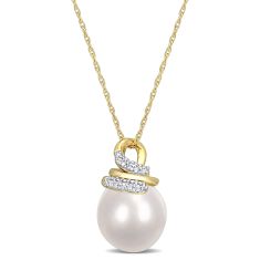 9-10mm South Sea Cultured Pearl and 1/10ctw Diamond Wrap Yellow Gold Pendant Necklace