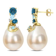 9-10mm South Sea Cultured Pearl, Blue Topaz London and Blue Topaz Sky with Diamond Accent Yellow Gold Drop Earrings