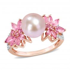 9-9.5mm Pink Freshwater Cultured Pearl, 1/8ctw Diamond, and Pink Sapphire Floral Rose Gold Ring