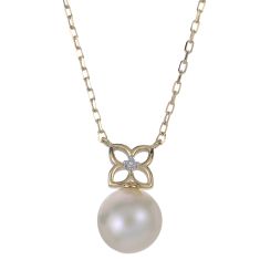 7.5-8mm Freshwater Cultured Pearl and Diamond Accent 14k Yellow Gold Floral Necklace 1