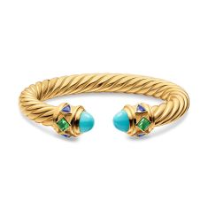 David Yurman Renaissance Cablespira Bracelet in 18K Yellow Gold with Turquoise, Tsavorite and Tanzanite, 9mm