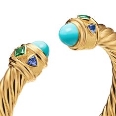 David Yurman Renaissance Cablespira Bracelet in 18K Yellow Gold with Turquoise, Tsavorite and Tanzanite, 9mm