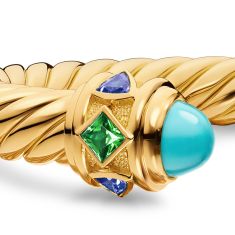 David Yurman Renaissance Cablespira Bracelet in 18K Yellow Gold with Turquoise, Tsavorite and Tanzanite, 9mm