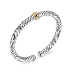 David Yurman Cable Flex Center Station Bracelet in Sterling Silver with 14K Yellow Gold and Diamonds, 6mm