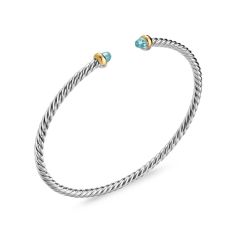 David Yurman Micro Cable Flex Bracelet in Sterling Silver with 14K Yellow Gold and Aquamarine, 2.6mm