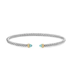 David Yurman Micro Cable Flex Bracelet in Sterling Silver with 14K Yellow Gold and Aquamarine, 2.6mm