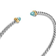 David Yurman Micro Cable Flex Bracelet in Sterling Silver with 14K Yellow Gold and Aquamarine, 2.6mm