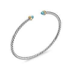 David Yurman Micro Cable Flex Bracelet in Sterling Silver with 14K Yellow Gold and Blue Topaz, 2.6mm