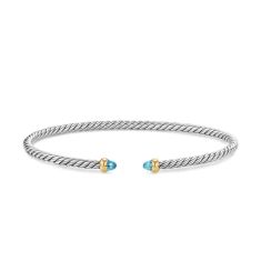 David Yurman Micro Cable Flex Bracelet in Sterling Silver with 14K Yellow Gold and Blue Topaz, 2.6mm