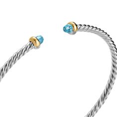 David Yurman Micro Cable Flex Bracelet in Sterling Silver with 14K Yellow Gold and Blue Topaz, 2.6mm