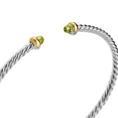 David Yurman Micro Cable Flex Bracelet in Sterling Silver with 14K Yellow Gold and Peridot, 2.6mm