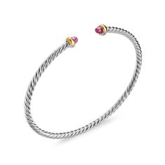 David Yurman Micro Cable Flex Bracelet in Sterling Silver with 14K Yellow Gold and Pink Tourmaline, 2.6mm