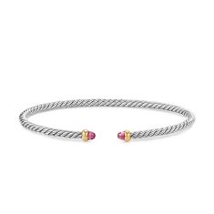 David Yurman Micro Cable Flex Bracelet in Sterling Silver with 14K Yellow Gold and Pink Tourmaline, 2.6mm