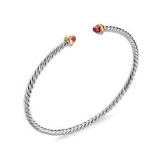 David Yurman Micro Cable Flex Bracelet in Sterling Silver with 14K Yellow Gold and Rhodolite Garnet, 2.6mm